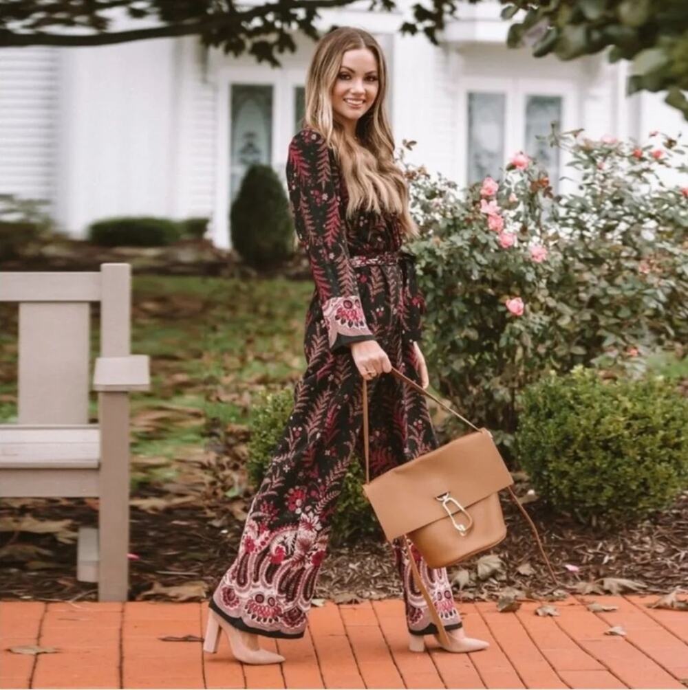 Anthropologie x One September Pink Floral Breeze Way Black Jumpsuit